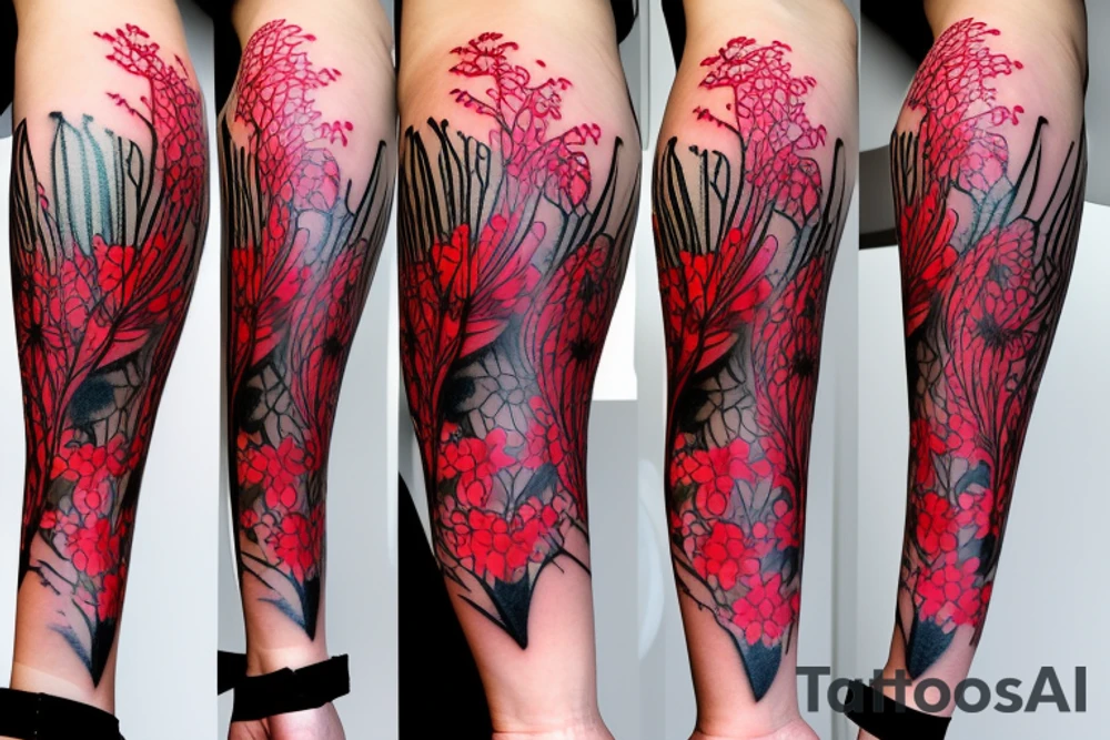 a woman in a long dress surrounded with red spider lilies with an umbrella tattoo idea
