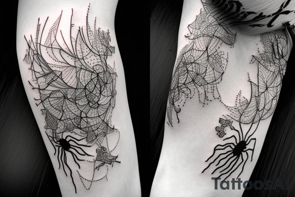 a woman in a long dress surrounded with red spider lilies with an umbrella tattoo idea