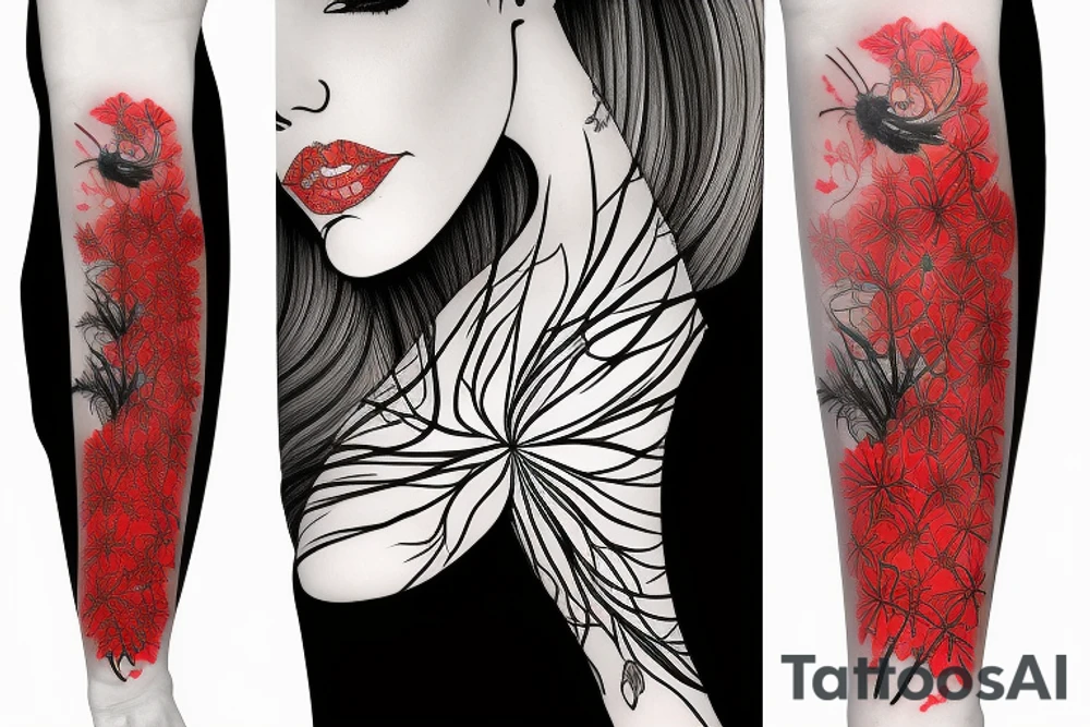 a woman in a long dress surrounded with red spider lilies with an umbrella tattoo idea
