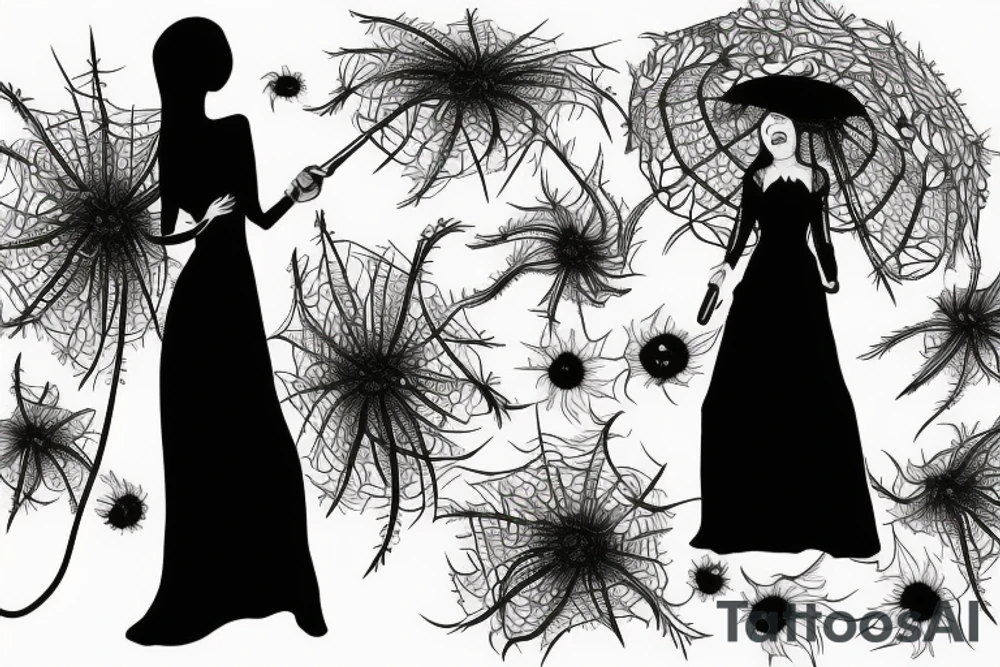 a woman in a long dress surrounded with red spider lilies with an umbrella tattoo idea