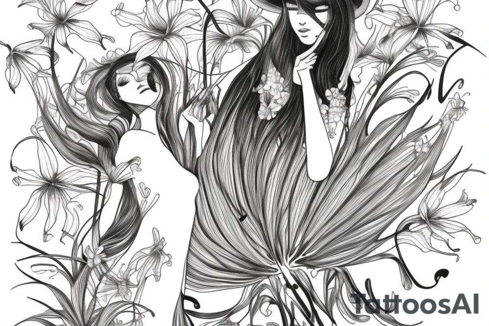 a woman in a long dress surrounded with red spider lilies with an umbrella tattoo idea