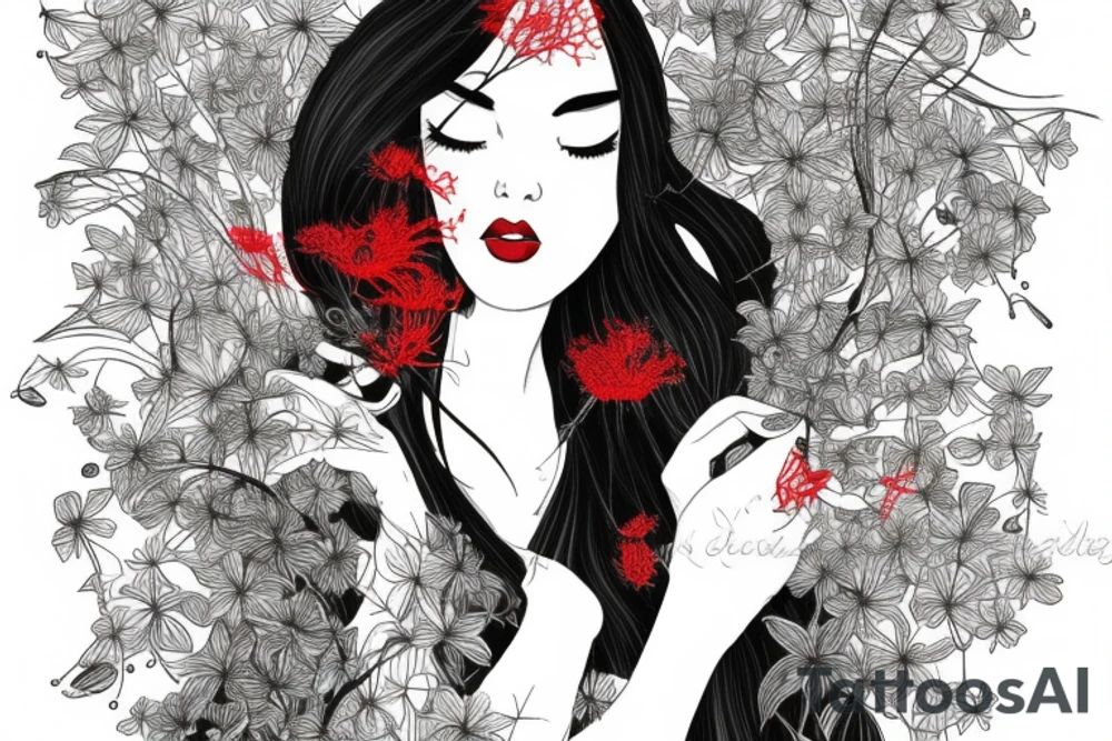 a woman in a long dress surrounded with red spider lilies with an umbrella tattoo idea
