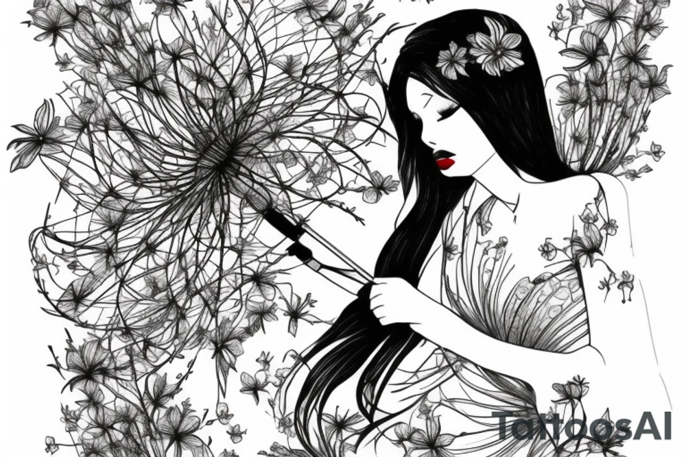 a woman in a long dress surrounded with red spider lilies with an umbrella tattoo idea