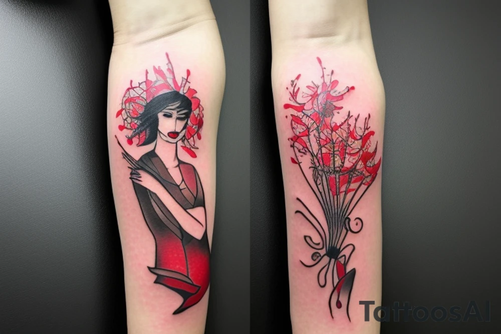 a woman in a long dress surrounded with red spider lilies with an umbrella tattoo idea