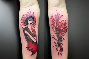 a woman in a long dress surrounded with red spider lilies with an umbrella tattoo idea