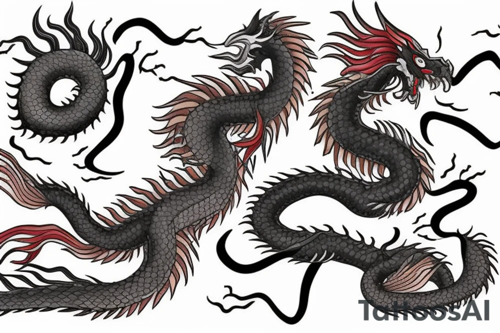 majestic long dragon with flames tattoo idea