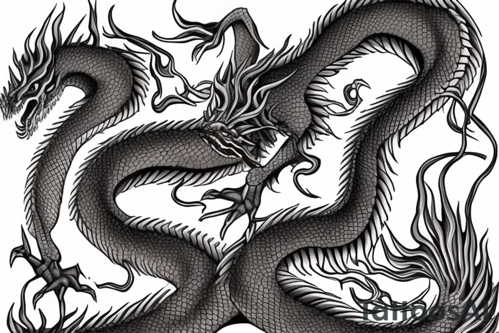 majestic long dragon with flames tattoo idea