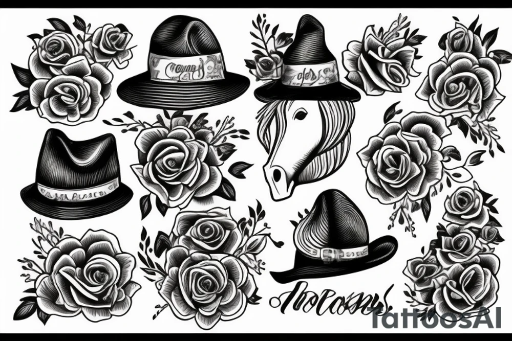 Horse with hat and flowers tattoo idea