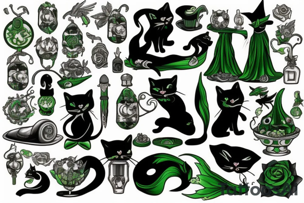 Green witch with black cat tattoo idea