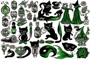 Green witch with black cat tattoo idea
