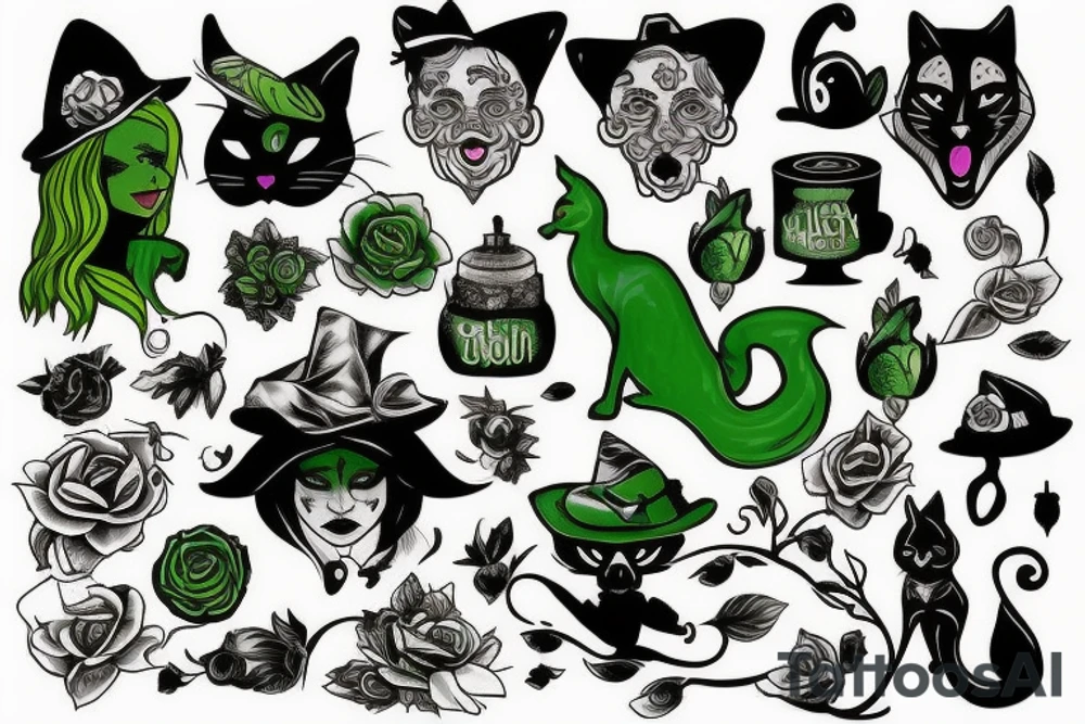 Green witch with black cat tattoo idea