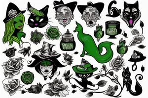 Green witch with black cat tattoo idea
