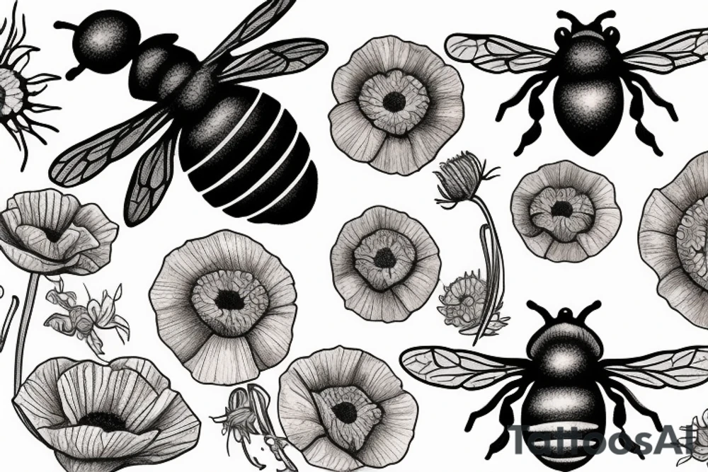 Bee on the poppyseeds flower tattoo idea