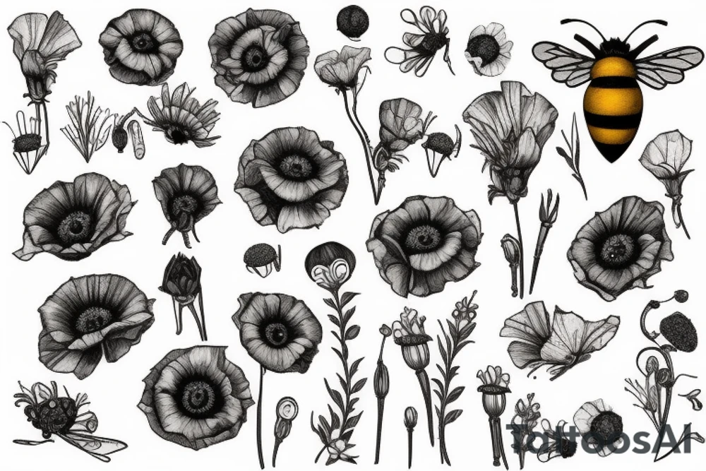 Bee on the poppyseeds flower tattoo idea