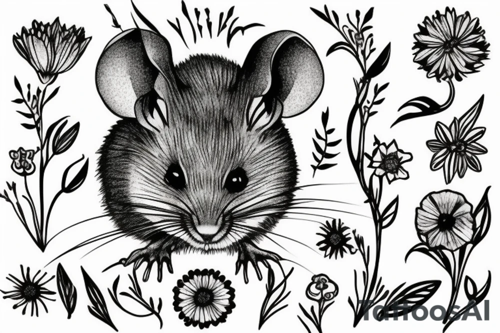 a field mouse sits in a flower tattoo idea