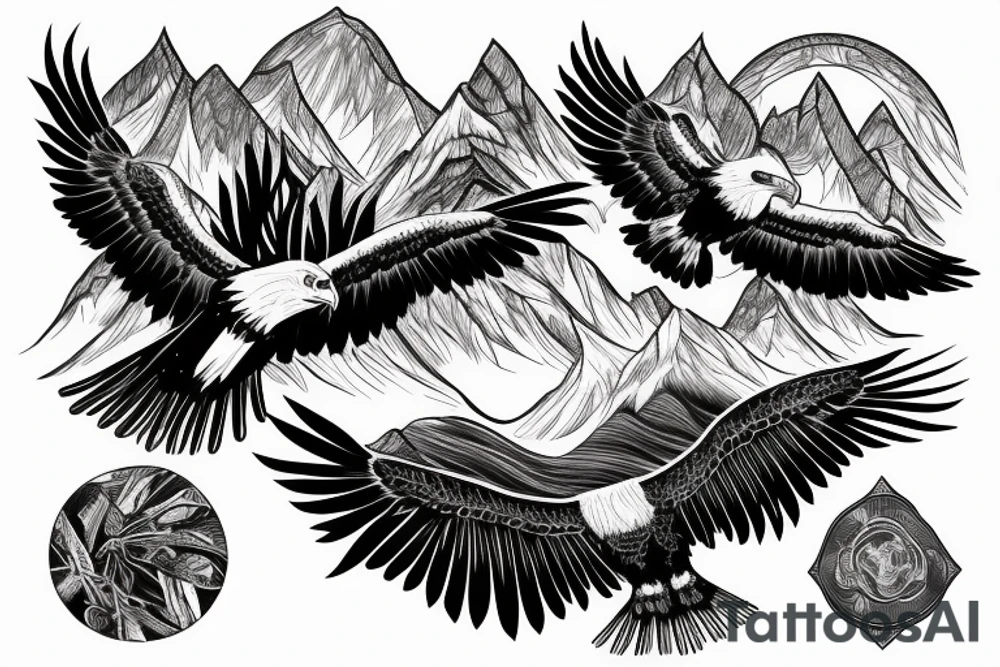 eagle in flight. Over mountains with forest tattoo idea