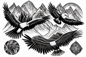 eagle in flight. Over mountains with forest tattoo idea