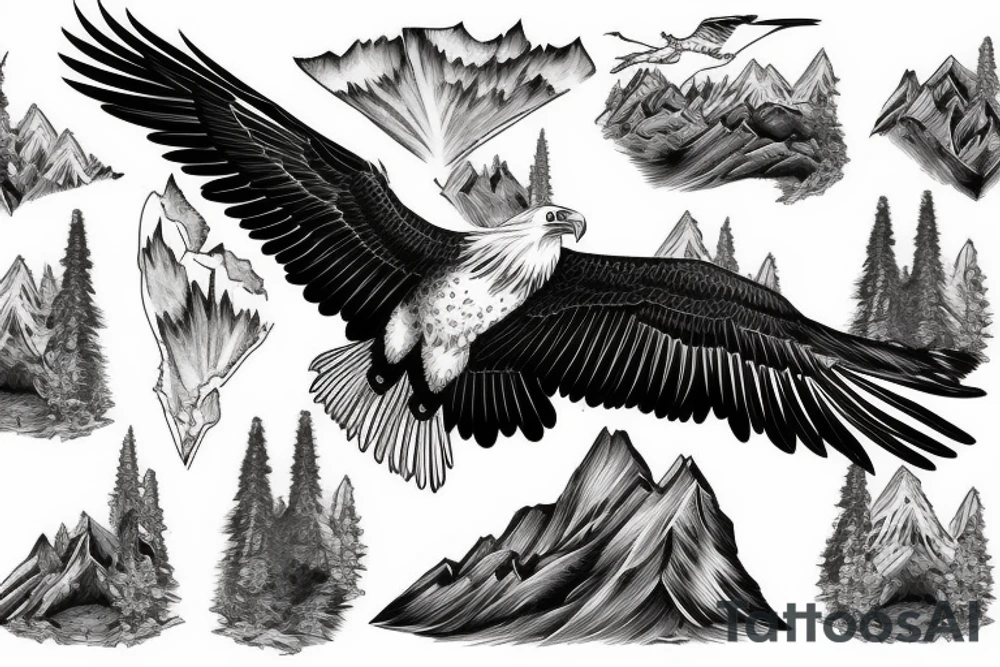 eagle in flight. Over mountains with forest tattoo idea