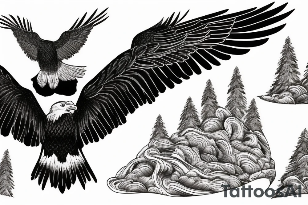 eagle in flight. Over mountains with forest tattoo idea