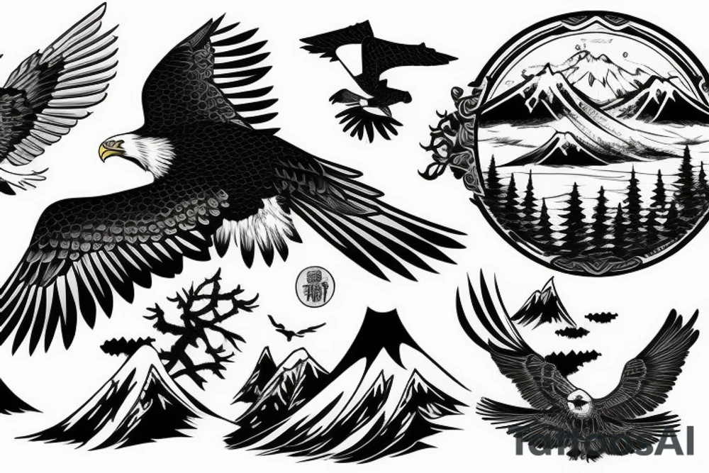 eagle in flight. Over mountains with forest tattoo idea