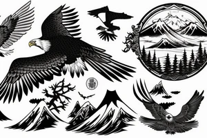 eagle in flight. Over mountains with forest tattoo idea