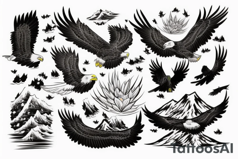 eagle in flight. Over mountains with forest tattoo idea