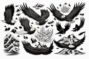 eagle in flight. Over mountains with forest tattoo idea