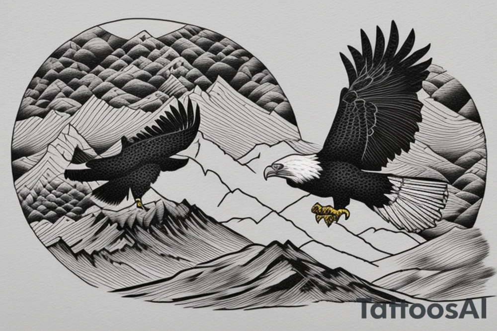 eagle in flight. Over mountains with forest tattoo idea