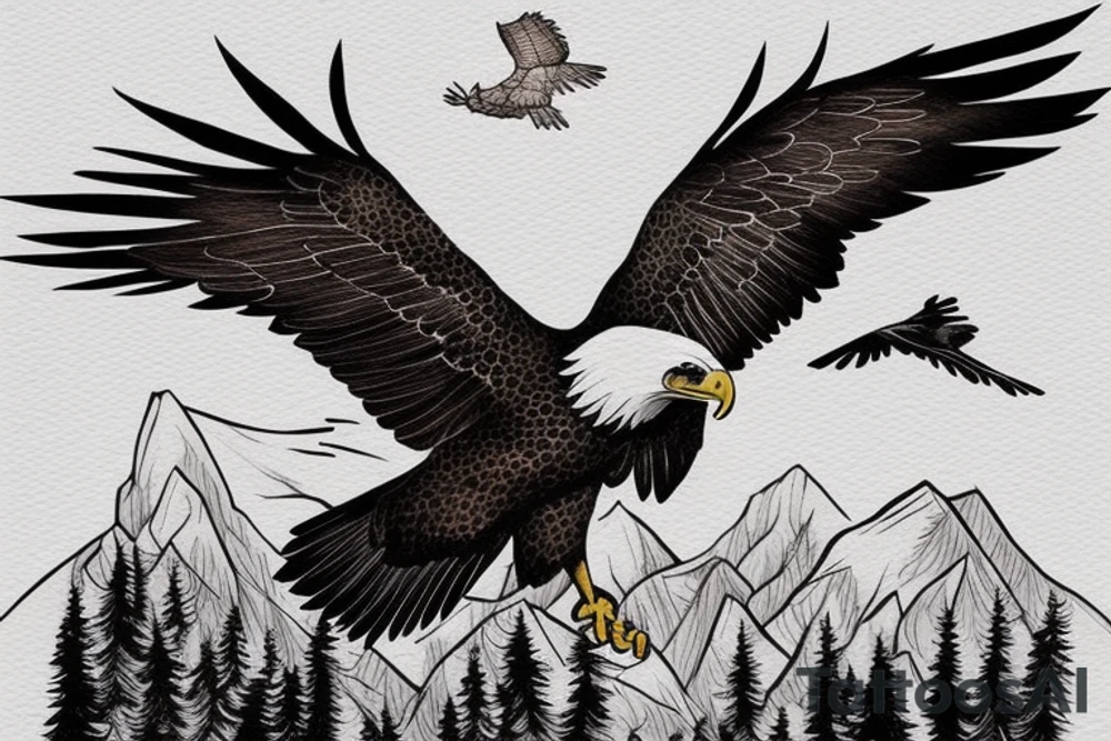 eagle in flight. Over mountains with forest tattoo idea eagle in flight. Over mountains with forest tattoo idea
