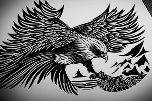 eagle in flight. Over mountains with forest tattoo idea