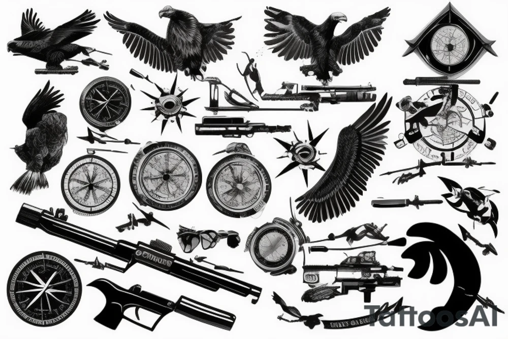 World travel, seven continents, eagle, scorpion, handgun, sniper rifle, compass, clean, abstract, flow, black and white tattoo idea