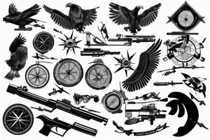 World travel, seven continents, eagle, scorpion, handgun, sniper rifle, compass, clean, abstract, flow, black and white tattoo idea