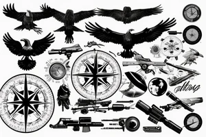 World travel, seven continents, eagle, scorpion, handgun, sniper rifle, compass, clean, abstract, flow, black and white tattoo idea