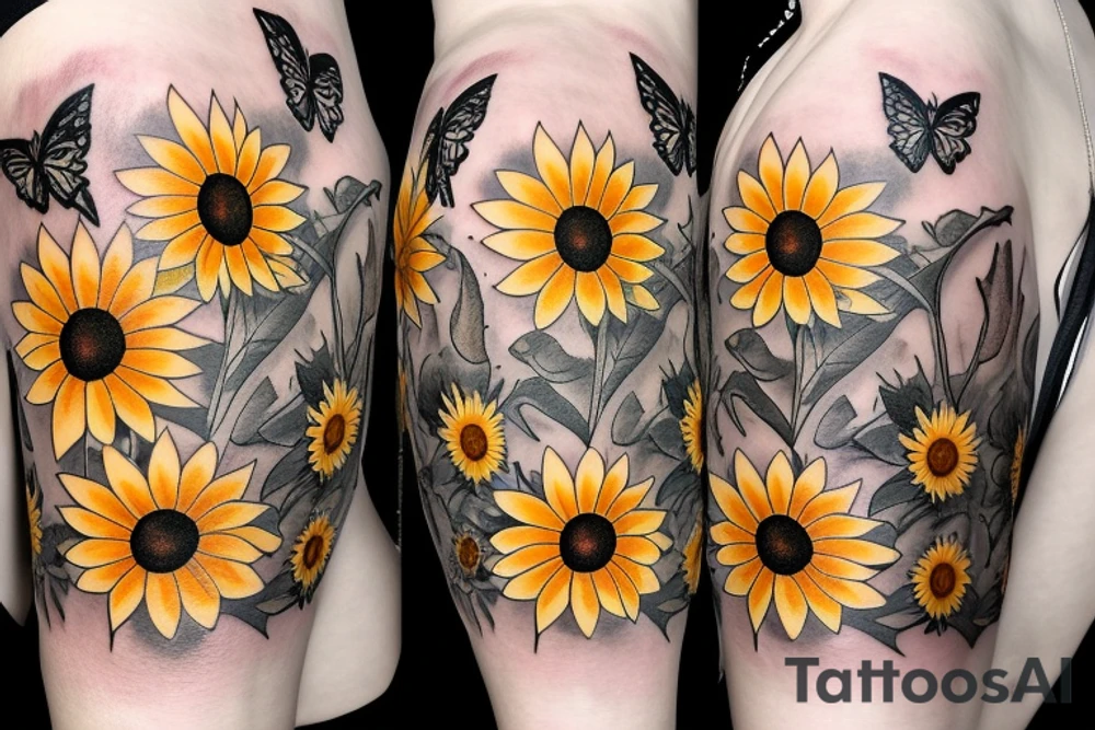 sunflower bouquet with butterflies tattoo idea