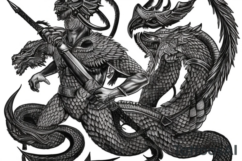 achilles Trojan solider god holding the leesh of two dragons, one is doped up the other is unchained breathing fire tattoo idea
