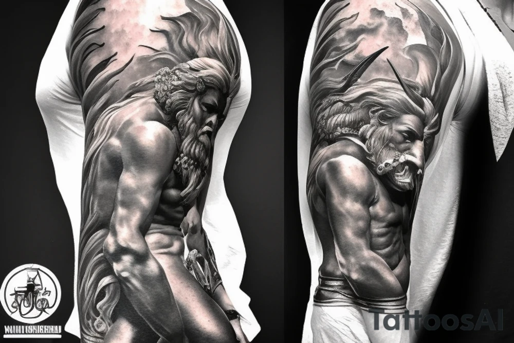 achilles Trojan solider god holding the leesh of two dragons, one is doped up the other is unchained breathing fire take time increase all detail for arm sleeve tattoo idea