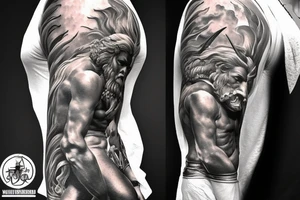 achilles Trojan solider god holding the leesh of two dragons, one is doped up the other is unchained breathing fire take time increase all detail for arm sleeve tattoo idea