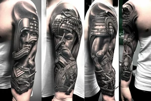 achilles Trojan solider god holding the leesh of two dragons, one is doped up the other is unchained breathing fire take time increase all detail for arm sleeve tattoo idea