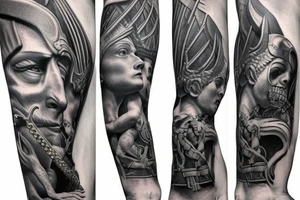 achilles Trojan solider god holding the leesh of two dragons, one is doped up the other is unchained breathing fire take time increase all detail for arm sleeve tattoo idea