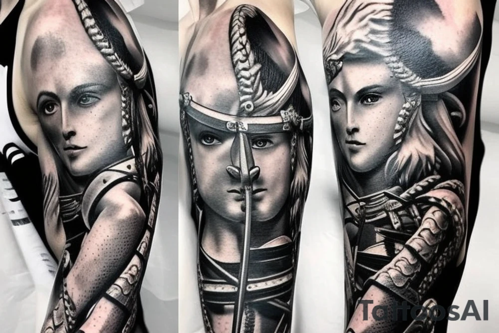 achilles Trojan solider god holding the leesh of two dragons, one is doped up the other is unchained breathing fire take time increase all detail for arm sleeve tattoo idea