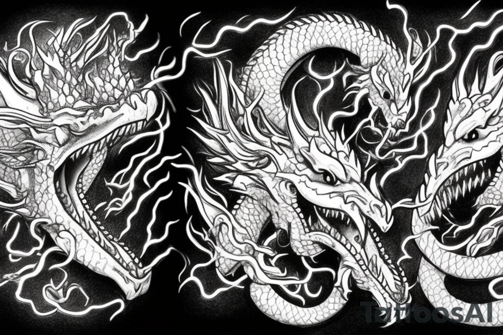 Two dragons heads very detailed breathing fire one on a chain the other escaped tattoo idea