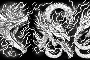 Two dragons heads very detailed breathing fire one on a chain the other escaped tattoo idea