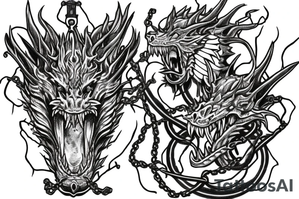 Two dragons heads very detailed breathing fire one on a chain the other escaped tattoo idea