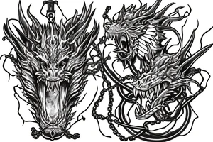 Two dragons heads very detailed breathing fire one on a chain the other escaped tattoo idea