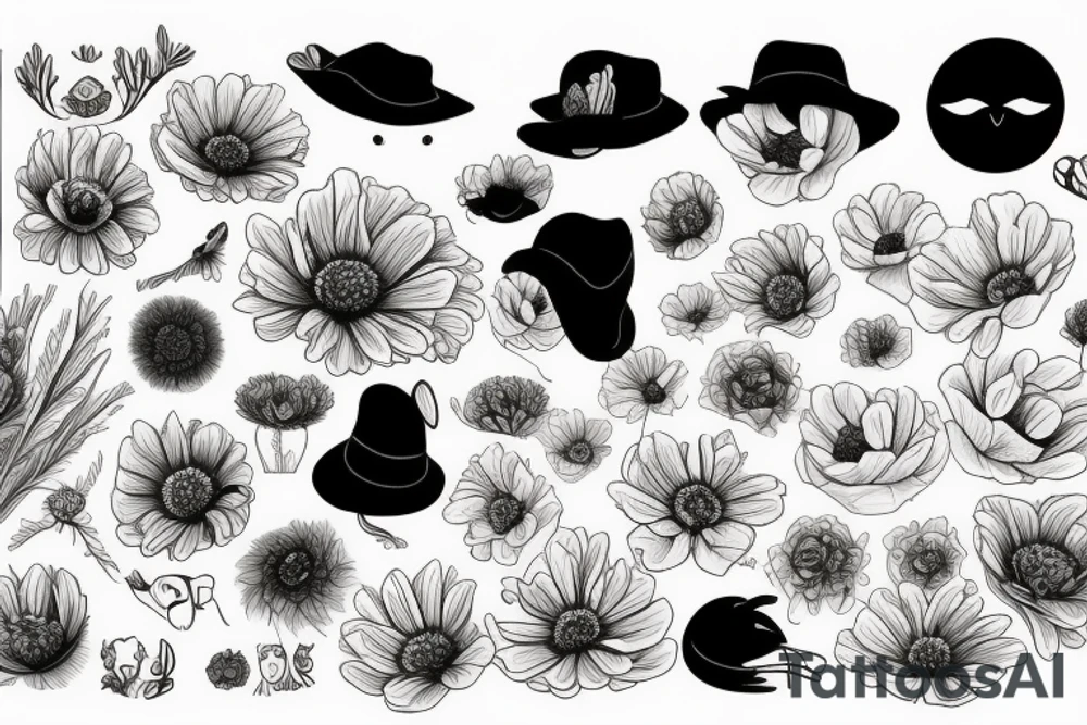 A rabbit peeping out of a black hat, anemone flowers, a bird, a bee and the sun tattoo idea