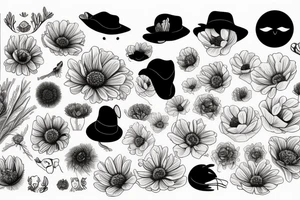 A rabbit peeping out of a black hat, anemone flowers, a bird, a bee and the sun tattoo idea