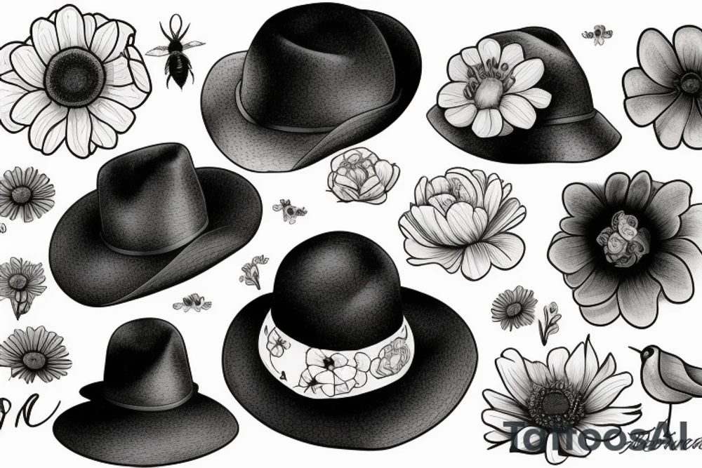 A rabbit peeping out of a black hat, anemone flowers, a bird, a bee and the sun tattoo idea