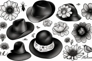 A rabbit peeping out of a black hat, anemone flowers, a bird, a bee and the sun tattoo idea
