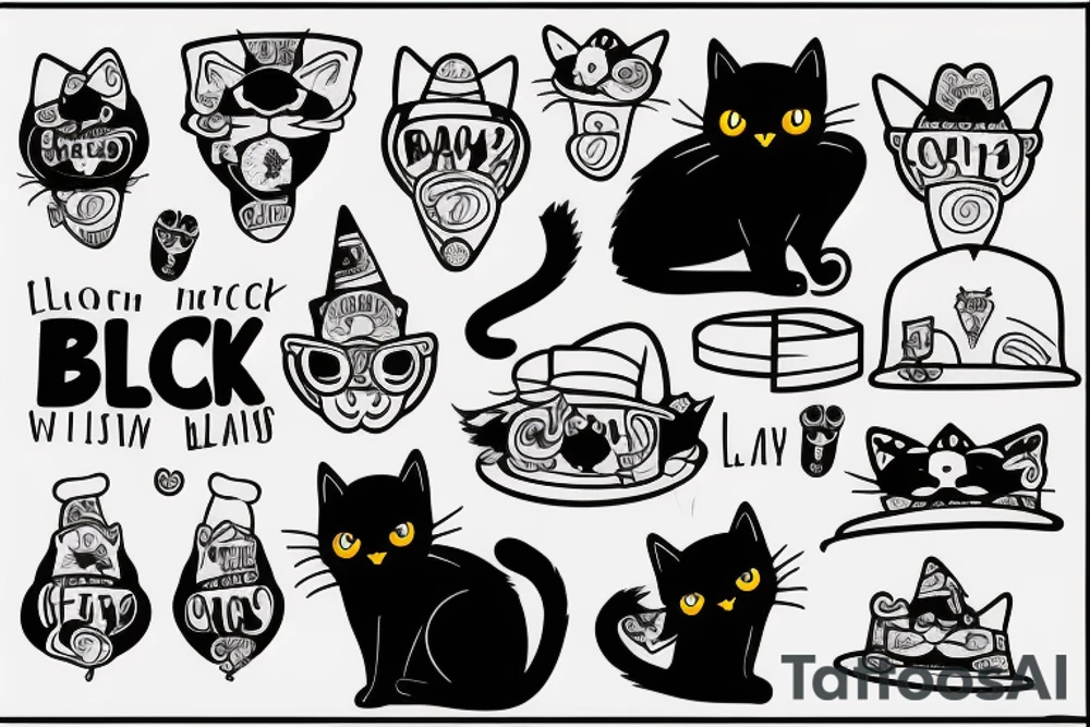 black cat with a funny hat and a hoodie tattoo idea
