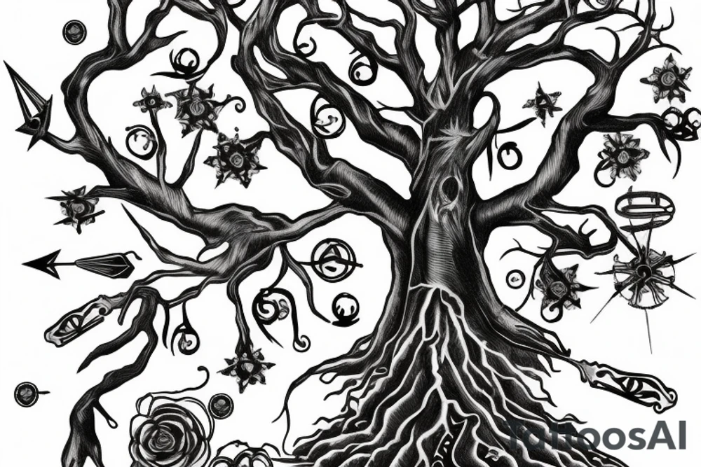 steampunk tree with daggers tattoo idea